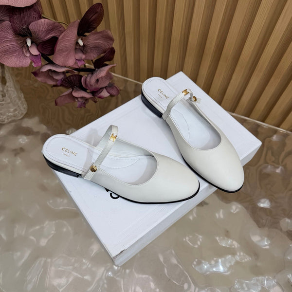 CE Macaron Triomphe Button Mules Ultra White Leather 949377