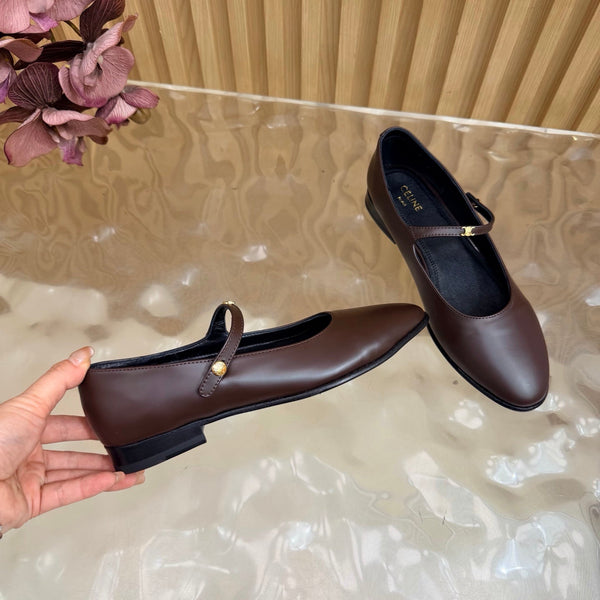CE Celine Macaron Triomphe Button Mary Jane Ultra Chocolate Leather 949376