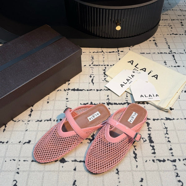 Alaia Mesh Buckle Strap Mules Pink Patent Leather 950604