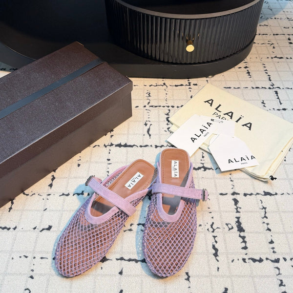 Alaia Mesh Buckle Strap Mules Purple Suede Leather 950600