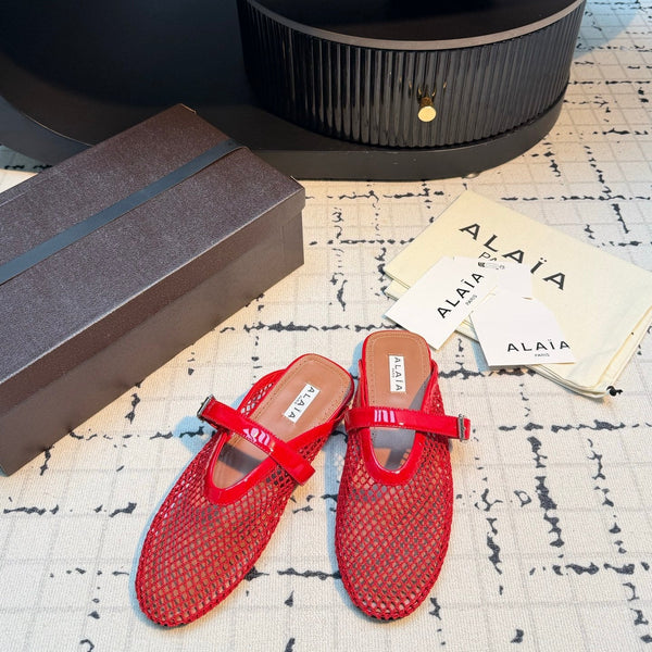 Alaia Mesh Buckle Strap Mules Red Patent Leather 950602
