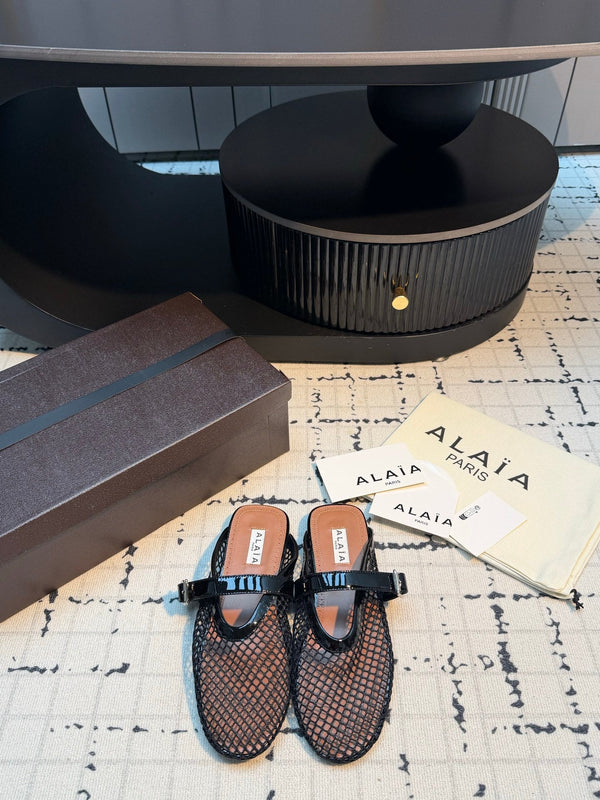 Alaia Mesh Buckle Strap Mules Black Patent Leather 950601