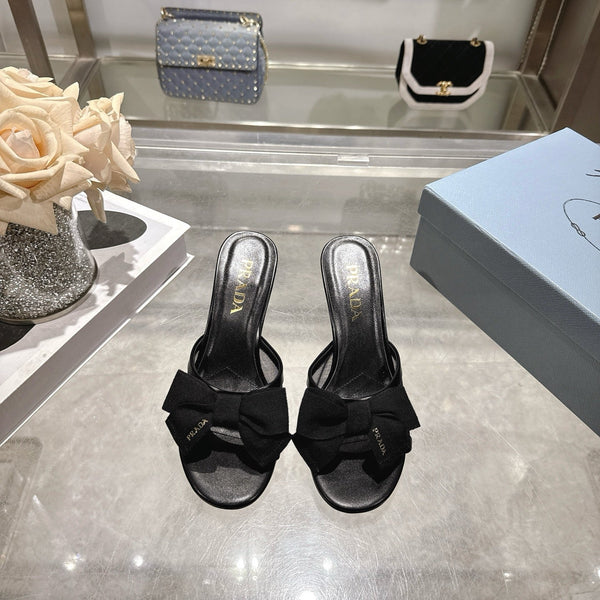 Prad Bow-Detail Kitten Heel Mules 7.5CM Black Leather 951941