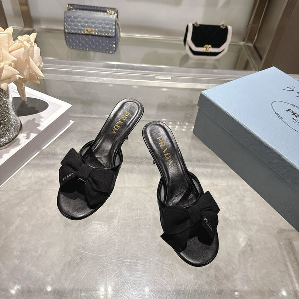Prad Bow-Detail Kitten Heel Mules 7.5CM Black Leather 951941