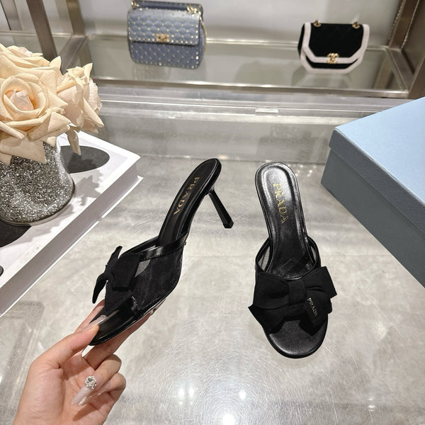 Prad Bow-Detail Kitten Heel Mules 7.5CM Black Leather 951941