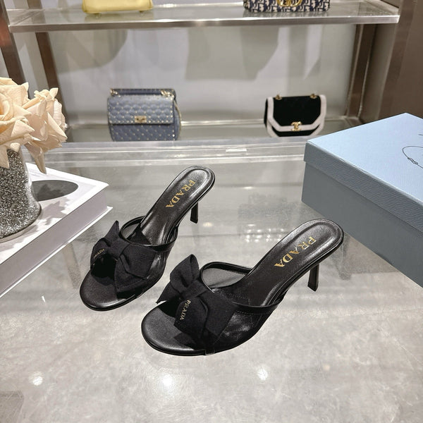 Prad Bow-Detail Kitten Heel Mules 7.5CM Black Leather 951941