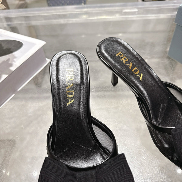 Prad Bow-Detail Kitten Heel Mules 7.5CM Black Leather 951941