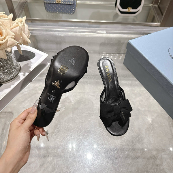 Prad Bow-Detail Kitten Heel Mules 7.5CM Black Leather 951941
