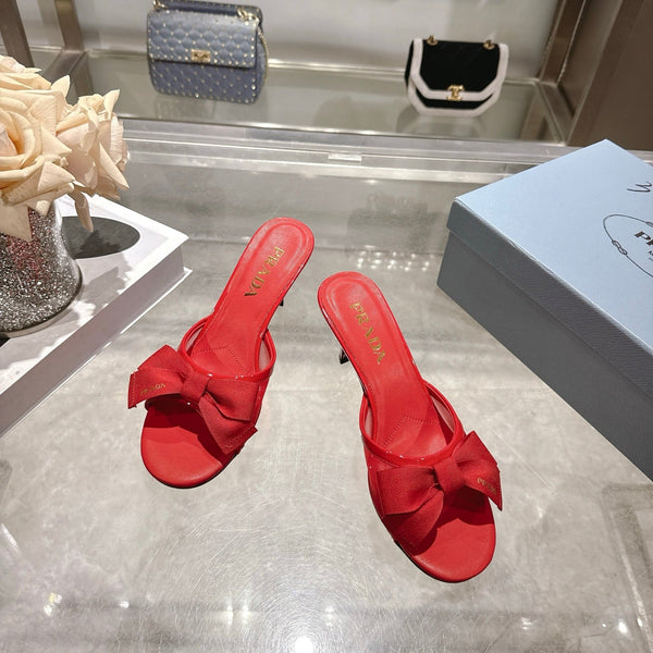 Prad Bow-Detail Kitten Heel Mules 7.5CM Red Leather 951939
