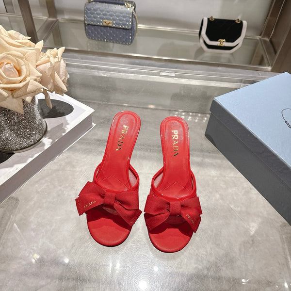 Prad Bow-Detail Kitten Heel Mules 7.5CM Red Leather 951939