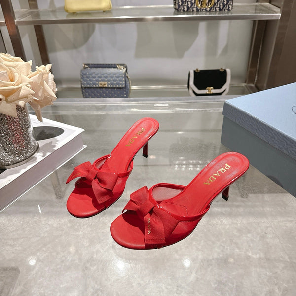Prad Bow-Detail Kitten Heel Mules 7.5CM Red Leather 951939