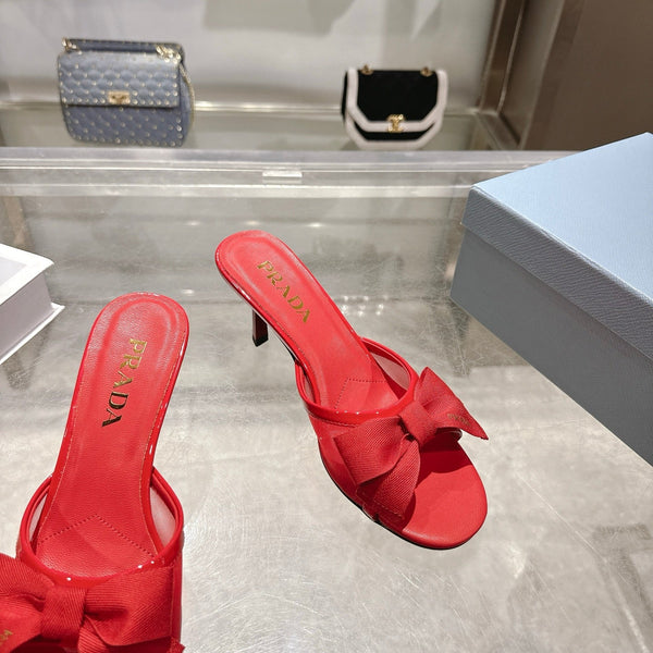 Prad Bow-Detail Kitten Heel Mules 7.5CM Red Leather 951939