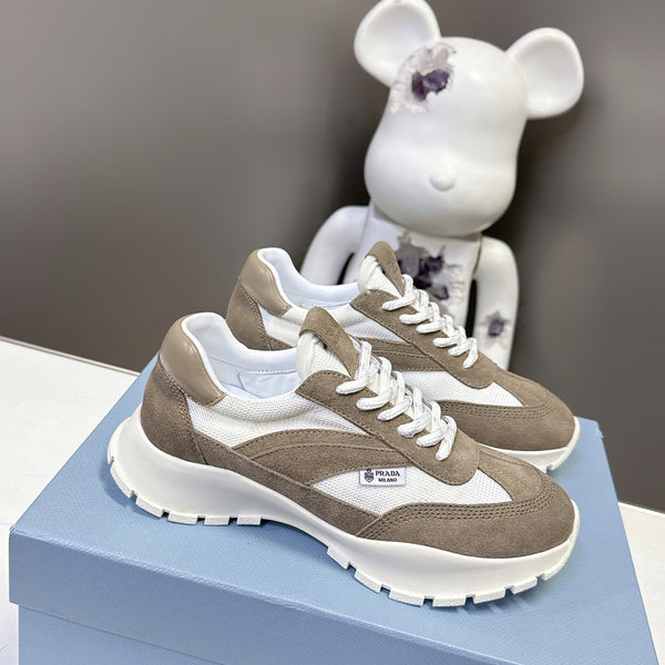 Prad 26ss Milano Logo Label Sneakers Light Brown White Mesh Suede 951931