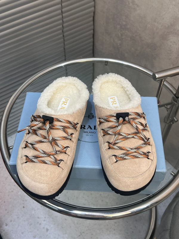 Prad 26s Mules Lace-up Cream Suede Shearing 952899