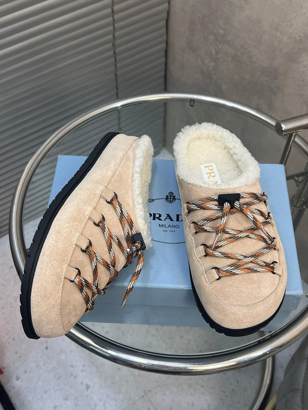 Prad 26s Mules Lace-up Cream Suede Shearing 952899