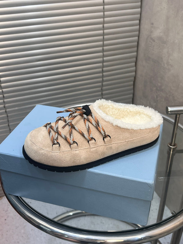 Prad 26s Mules Lace-up Cream Suede Shearing 952899