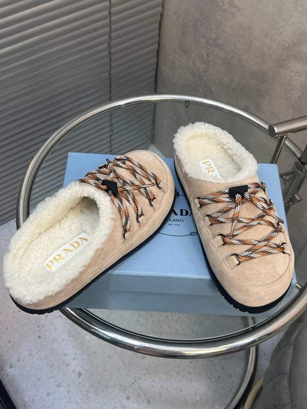 Prad 26s Mules Lace-up Cream Suede Shearing 952899