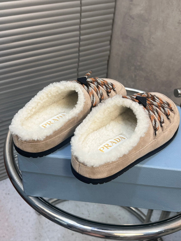 Prad 26s Mules Lace-up Cream Suede Shearing 952899