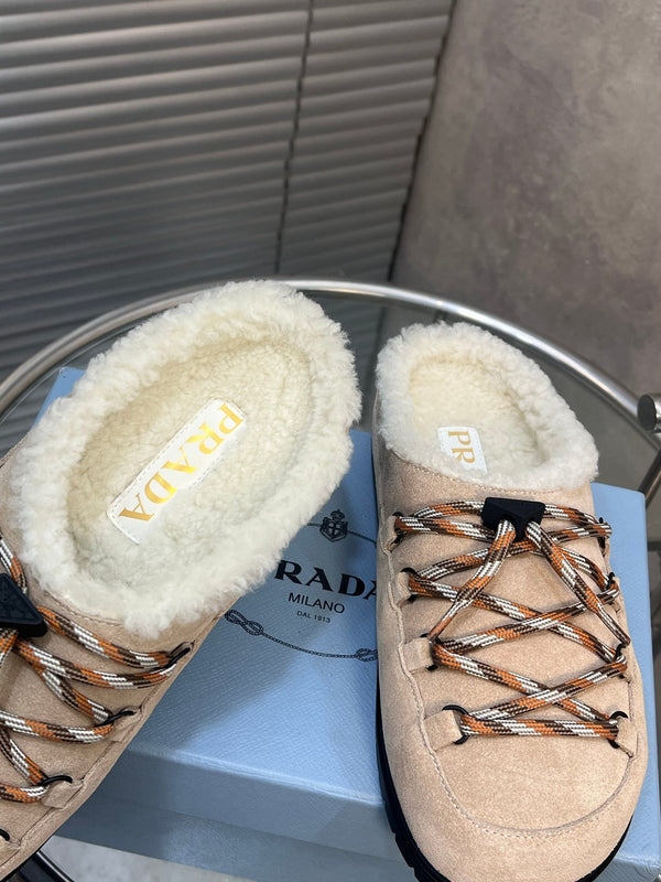 Prad 26s Mules Lace-up Cream Suede Shearing 952899