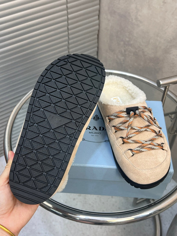 Prad 26s Mules Lace-up Cream Suede Shearing 952899