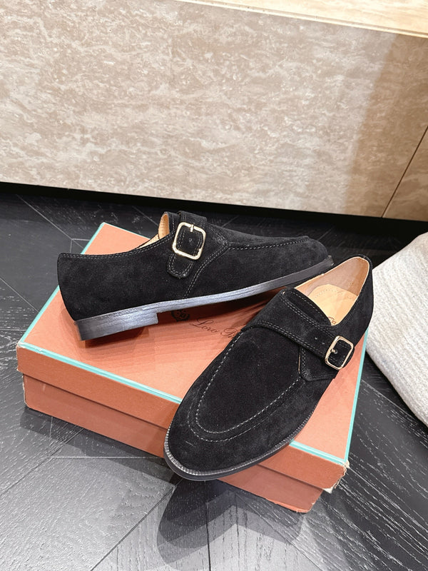 LP Single Monk Strap Loafers Buckle Black Suede 954480