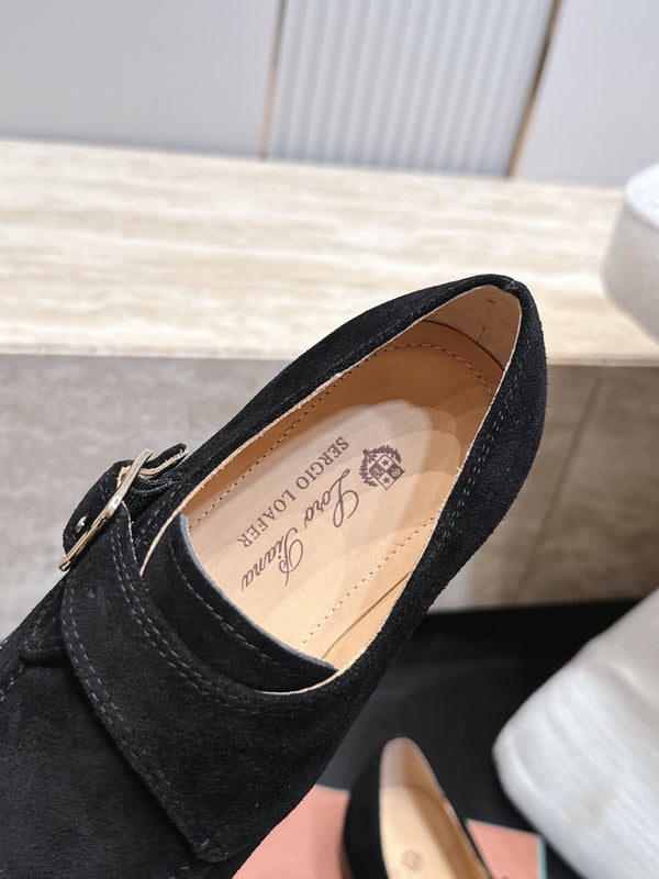 LP Single Monk Strap Loafers Buckle Black Suede 954480