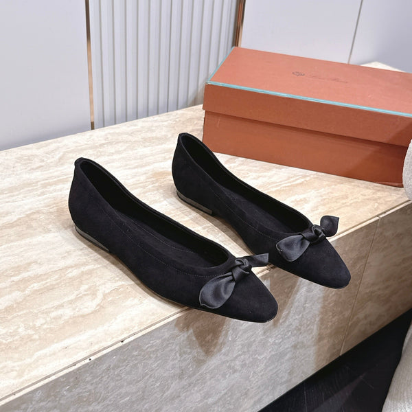 LP Primula Pointed-Toe Ballet Flats Silk Bow Black Suede 954477