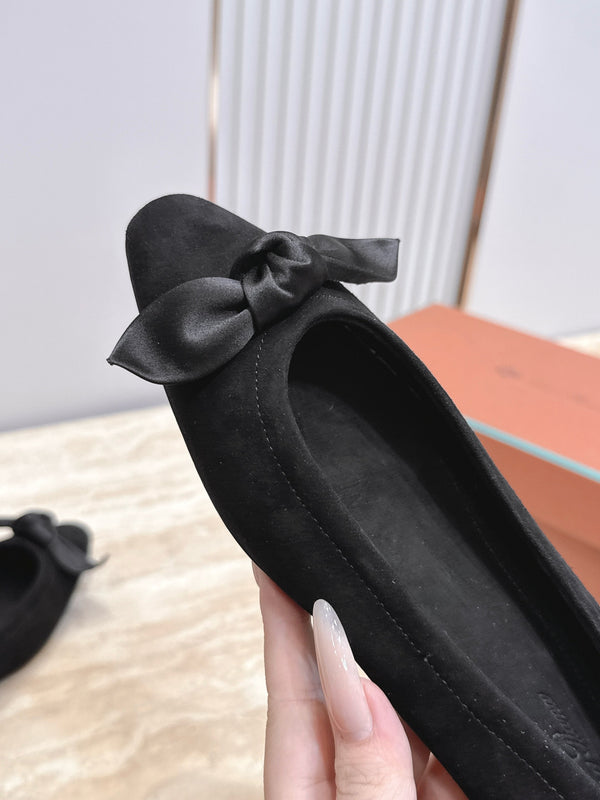 LP Primula Pointed-Toe Ballet Flats Silk Bow Black Suede 954477