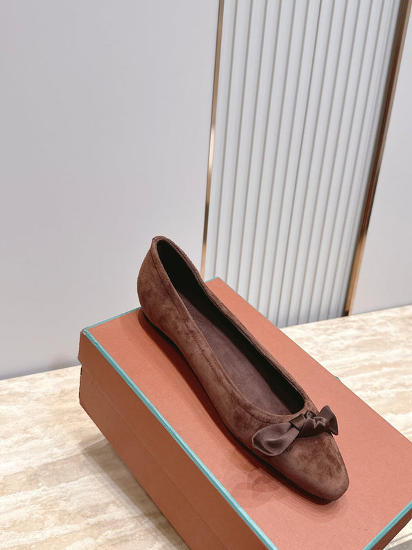 LP Primula Pointed-Toe Ballet Flats Silk Bow Brown Suede 954478