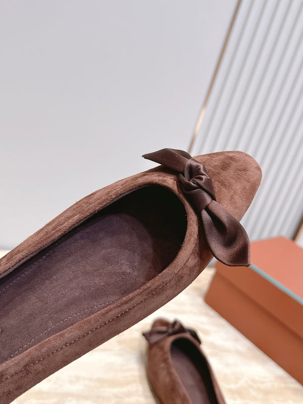 LP Primula Pointed-Toe Ballet Flats Silk Bow Brown Suede 954478