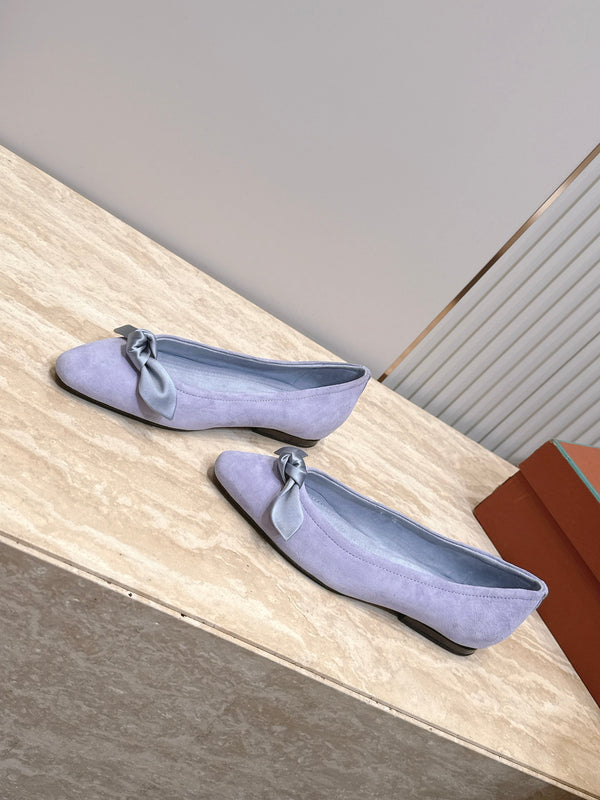 LP Primula Pointed-Toe Ballet Flats Silk Bow Blue Suede 954477