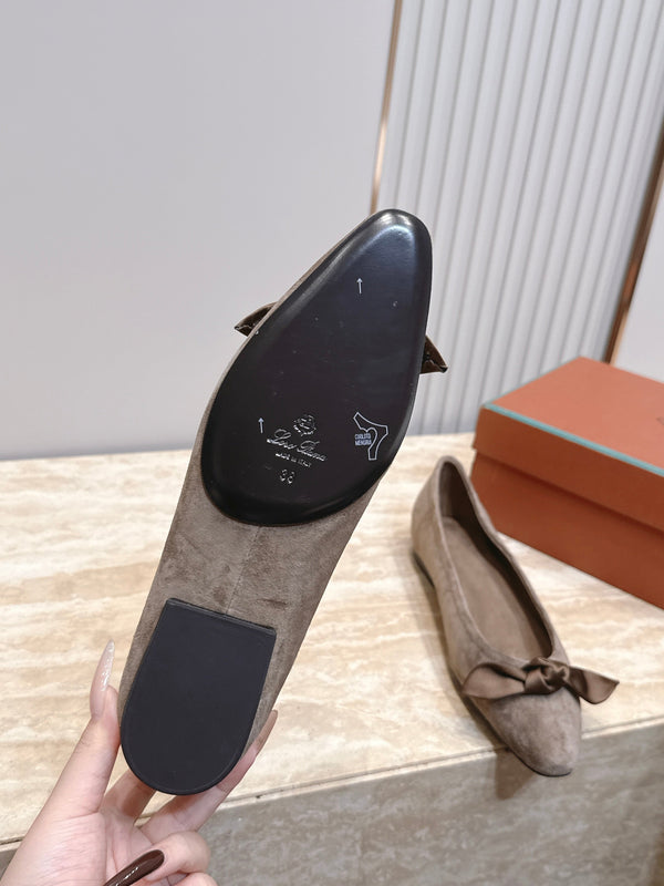 LP Primula Pointed-Toe Ballet Flats Silk Bow Taupe Grey Suede 954476