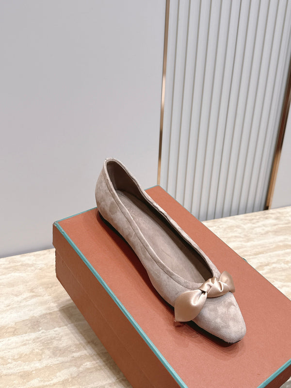 LP Primula Pointed-Toe Ballet Flats Silk Bow Beige Suede 954475
