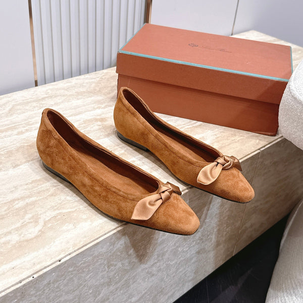 LP Primula Pointed-Toe Ballet Flats Silk Bow Dark Brown Suede 954474
