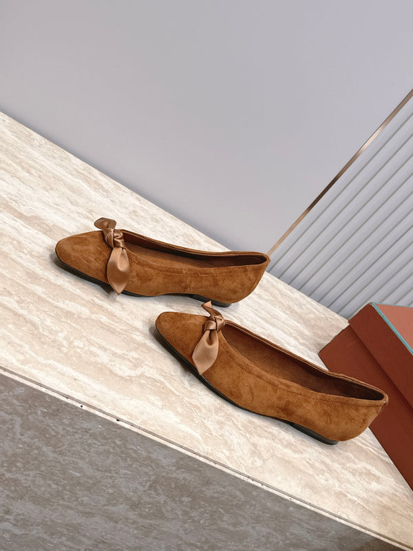 LP Primula Pointed-Toe Ballet Flats Silk Bow Dark Brown Suede 954474