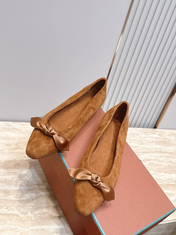 LP Primula Pointed-Toe Ballet Flats Silk Bow Dark Brown Suede 954474