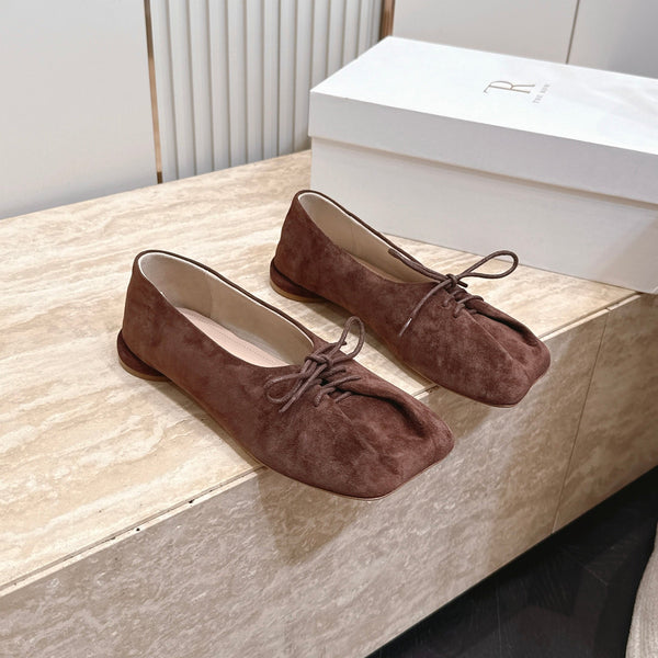 TR Lace-Up Ballet Flats Square Toe Dark Brown Suede 954410