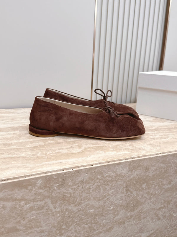 TR Lace-Up Ballet Flats Square Toe Dark Brown Suede 954410