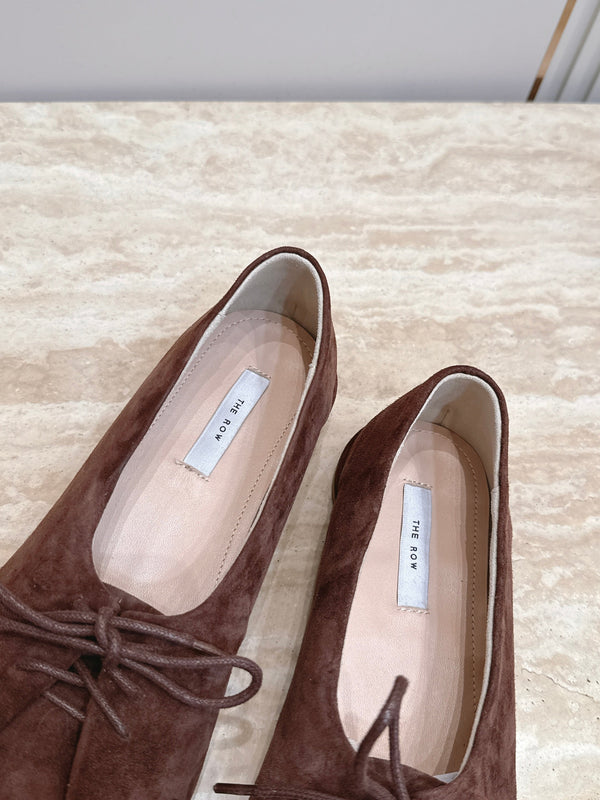 TR Lace-Up Ballet Flats Square Toe Dark Brown Suede 954410
