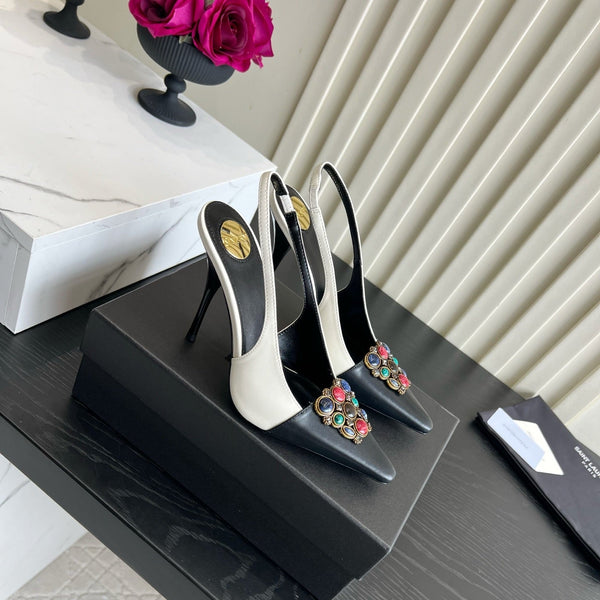 YSL Iceland Slingback Pumps 10CM Crystal Embellishment Black White Leather 956515