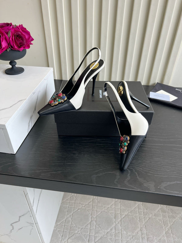 YSL Iceland Slingback Pumps 10CM Crystal Embellishment Black White Leather 956515