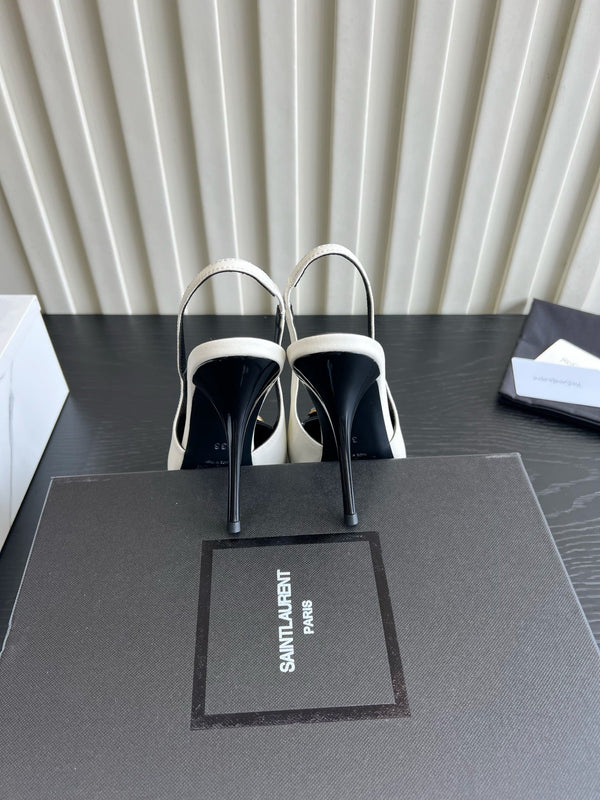 YSL Iceland Slingback Pumps 10CM Crystal Embellishment Black White Leather 956515