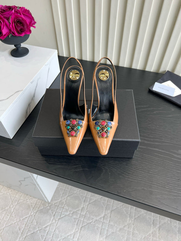 YSL Iceland Slingback Pumps 10CM Crystal Embellishment Brown Leather 956514