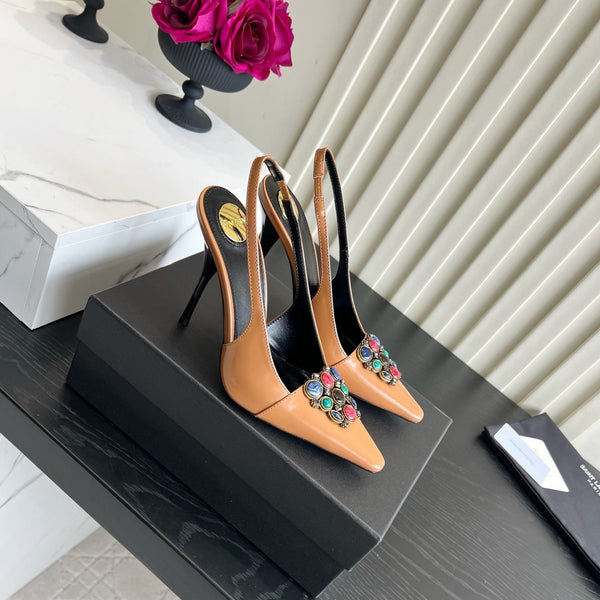 YSL Iceland Slingback Pumps 10CM Crystal Embellishment Brown Leather 956514
