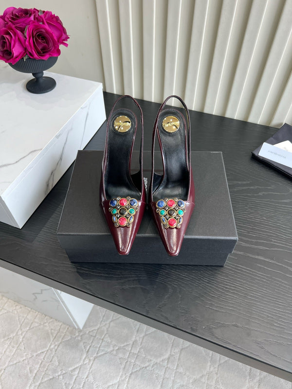 YSL Iceland Slingback Pumps 10CM Crystal Embellishment Burgundy Leather 956513