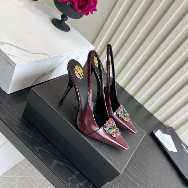 YSL Iceland Slingback Pumps 10CM Crystal Embellishment Burgundy Leather 956513