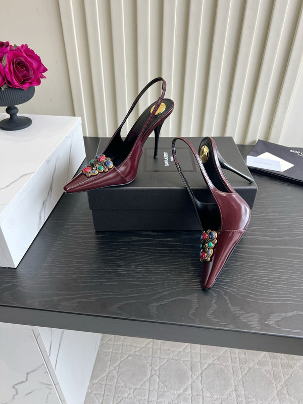 YSL Iceland Slingback Pumps 10CM Crystal Embellishment Burgundy Leather 956513