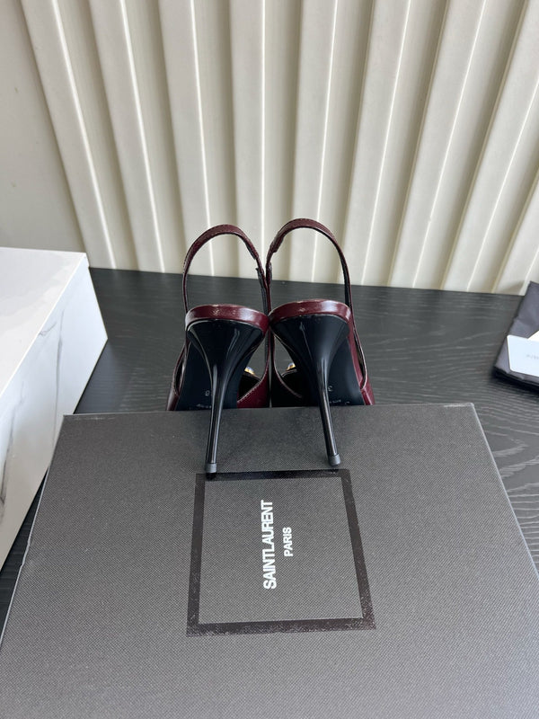 YSL Iceland Slingback Pumps 10CM Crystal Embellishment Burgundy Leather 956513