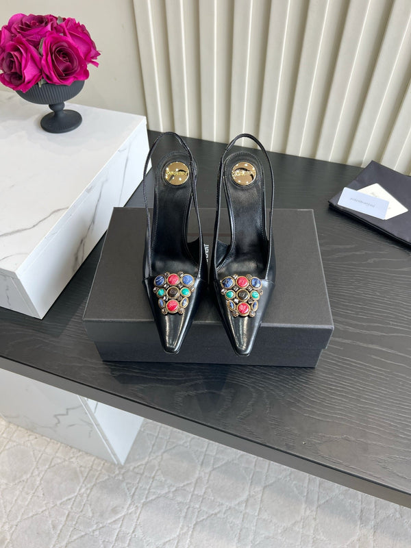 YSL Iceland Slingback Pumps 10CM Crystal Embellishment Black Leather 956512