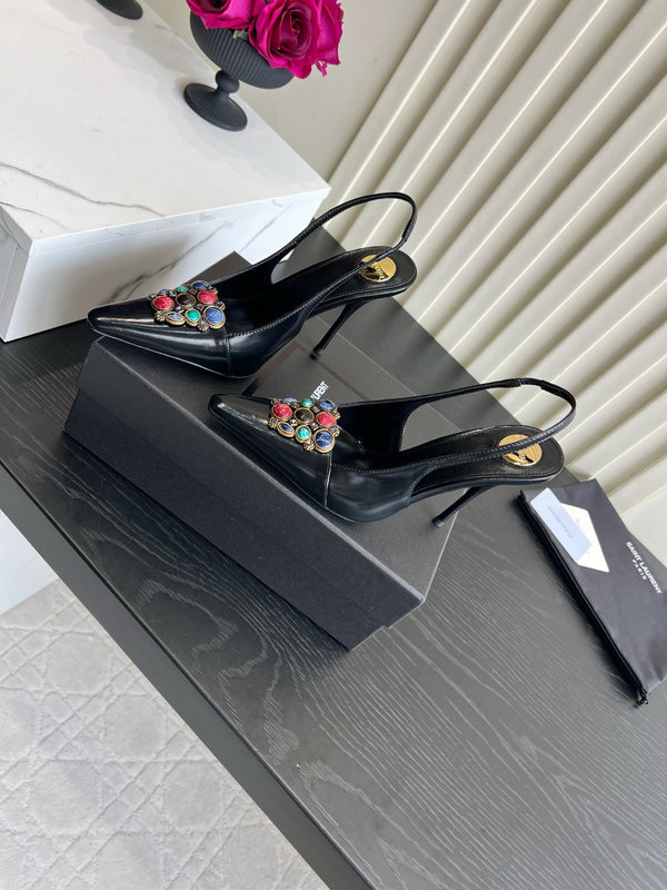YSL Iceland Slingback Pumps 10CM Crystal Embellishment Black Leather 956512